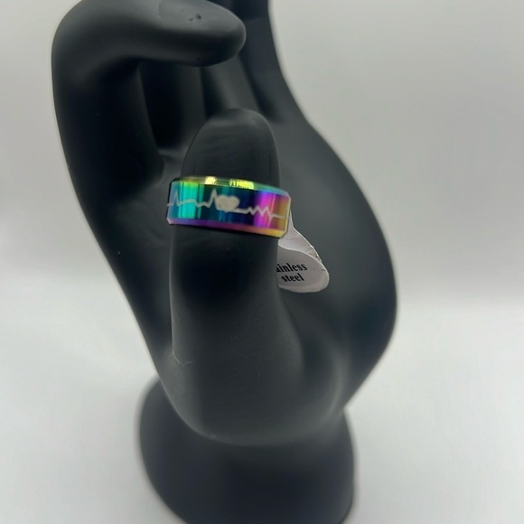 Heartline Etched Heart Pulse Rainbow Stainless Steel Ring Band - Picture 7 of 8